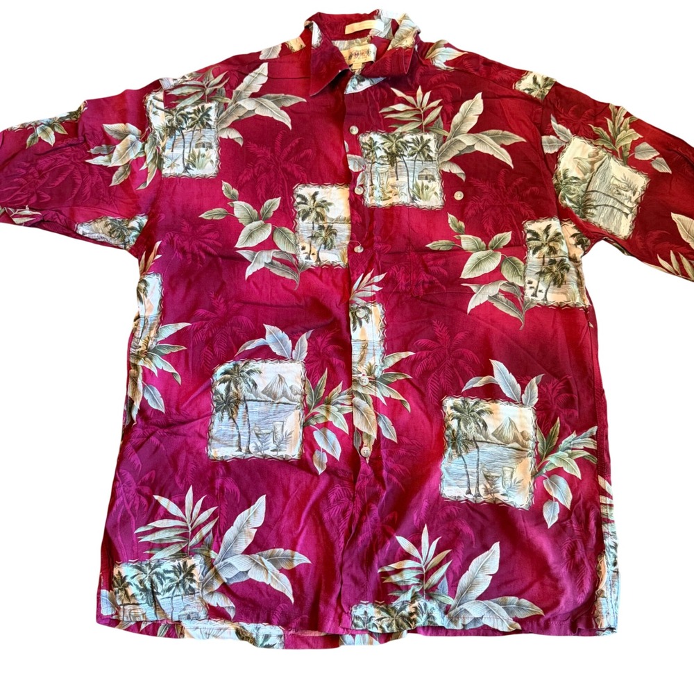 Campia Moda Mens Large Burgundy Tropical‎ Scenic Palm Tree Rayon Hawaiian Shirt